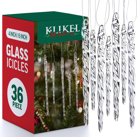 Glass Icicle Ornaments - Winter Decorations for Christmas Tree - Total 36 Hanging Ornaments - 18 4" and 18 6"