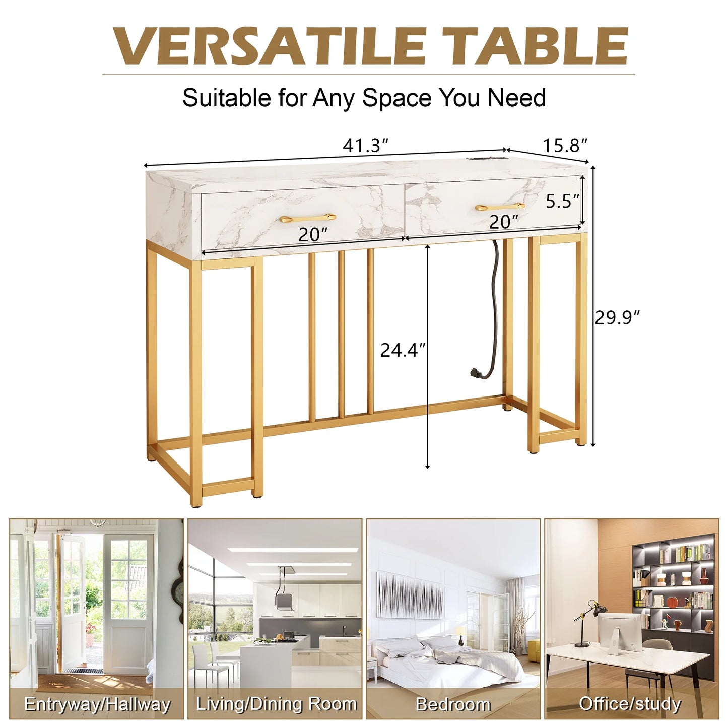 Console Table Modern Entryway with Storage Drawers Outlets USB, Narrow Faux Marble Sofa Coffee Desk, Home Furniture Decor Indoor,Gold & White