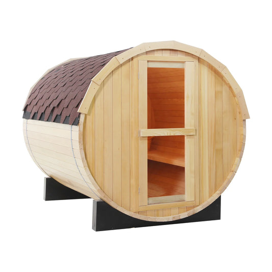 4 Person Outdoor Barrel Sauna, Canadian Hemlock Barrel Sauna Kit with Outdoor Waterproof Tile and Harvia Internally Controlled Sauna Stove and Lava Rocks