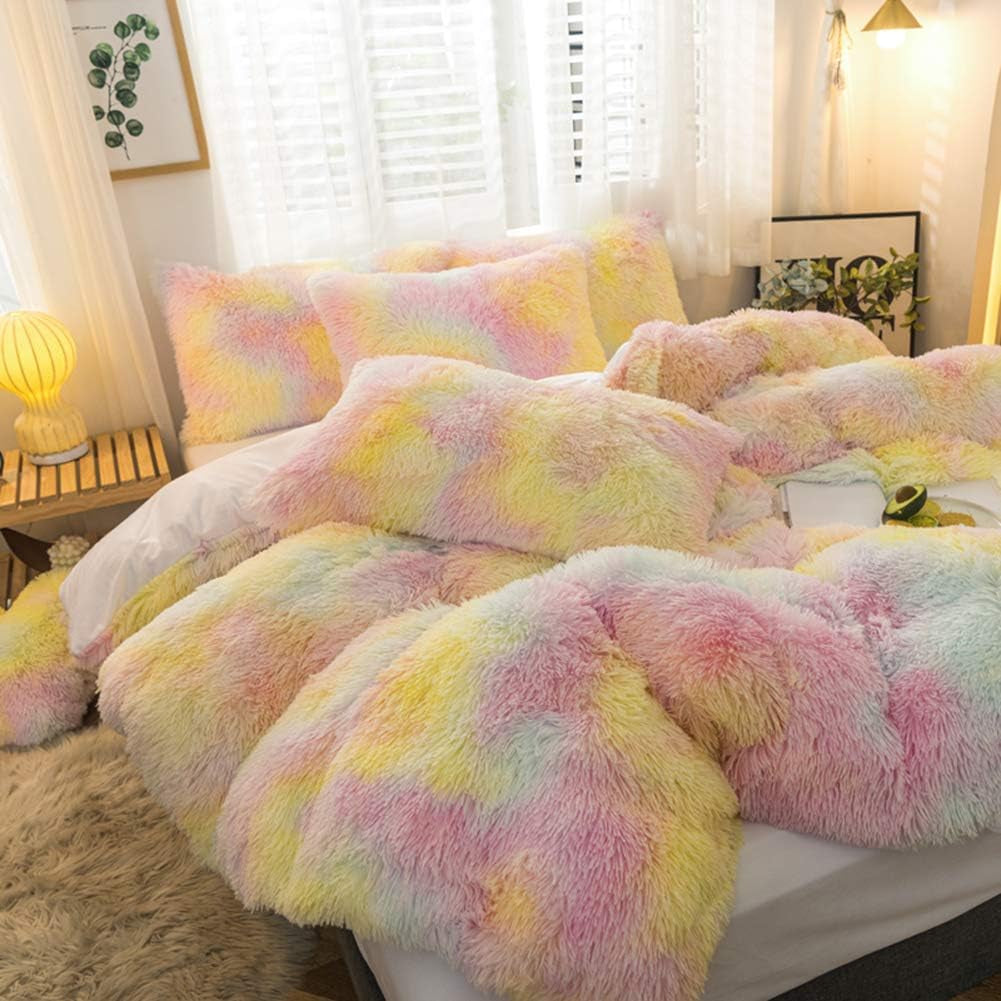 5 PCS Shaggy Duvet Cover Bedding Set - Fluffy Comforter Cover Long Faux Fur Luxury Ultra Soft Cozy (Ice Cream, Full/Queen)