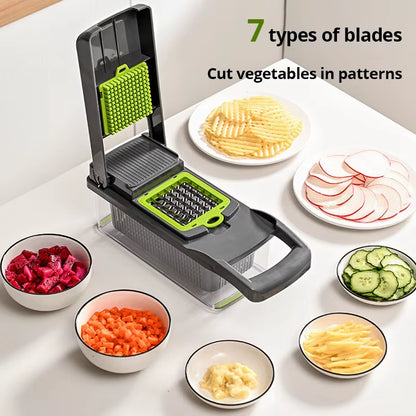 1Pc Green Black 12 in 1 Multifunctional Vegetable Slicer Cutter Shredders Slicer with Basket Fruit Potato Chopper Carrot Grater