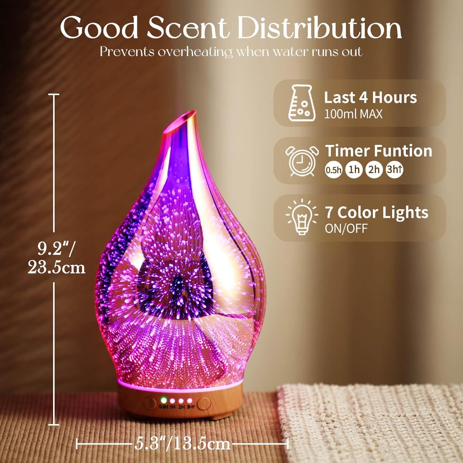 Essential Oil Diffuser 3D Firework Glass Aromatherapy Ultrasonic Humidifier Rose Gold, Auto Shut-Off, Timer Setting, BPA Free, Aroma Decoration for Home, Office, Gym, Spa, Premium Gift 100Ml