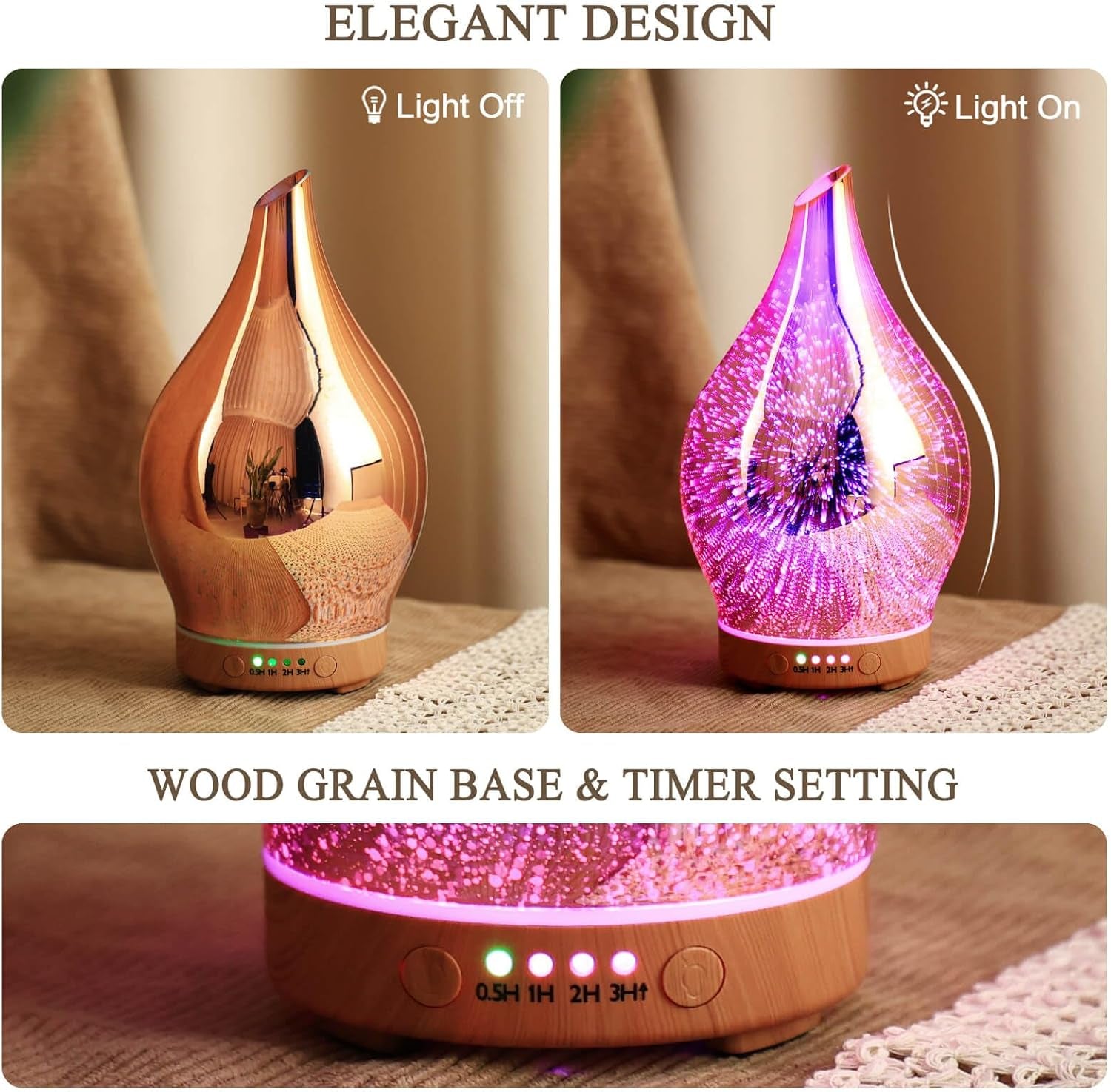 Essential Oil Diffuser 3D Firework Glass Aromatherapy Ultrasonic Humidifier Rose Gold, Auto Shut-Off, Timer Setting, BPA Free, Aroma Decoration for Home, Office, Gym, Spa, Premium Gift 100Ml