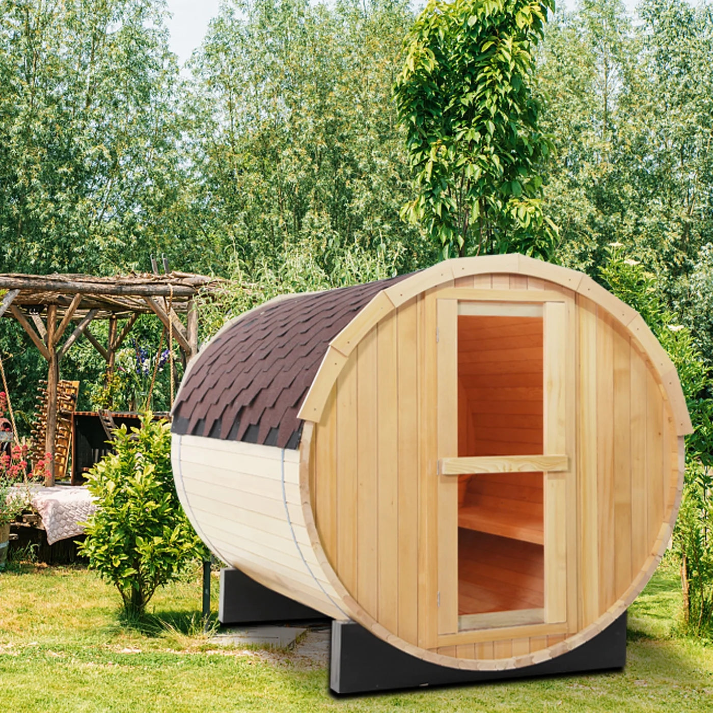 4 Person Outdoor Barrel Sauna, Canadian Hemlock Barrel Sauna Kit with Outdoor Waterproof Tile and Harvia Internally Controlled Sauna Stove and Lava Rocks