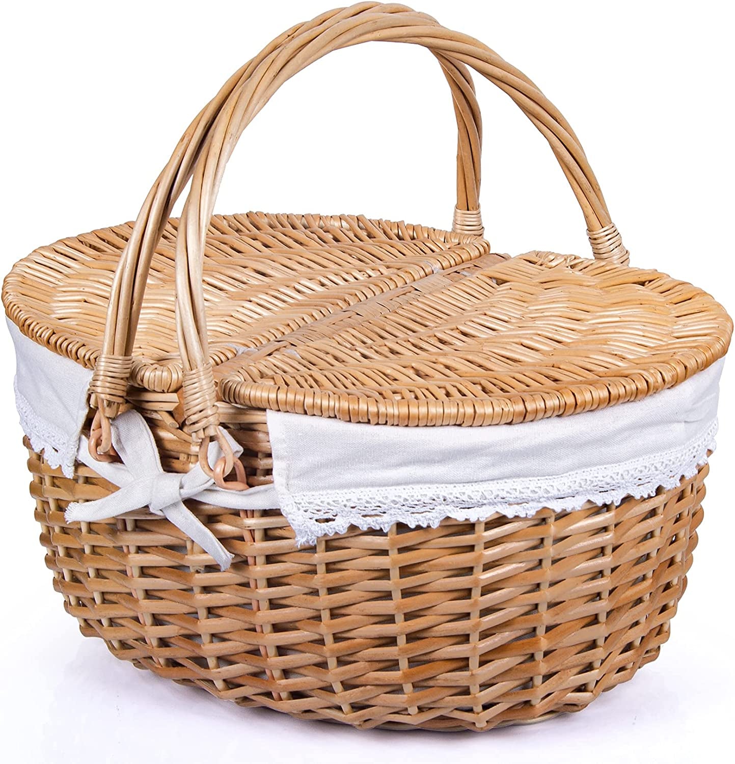 Large Wicker Picnic Basket with Lid and Handle Sturdy Woven Body with Washable Lining