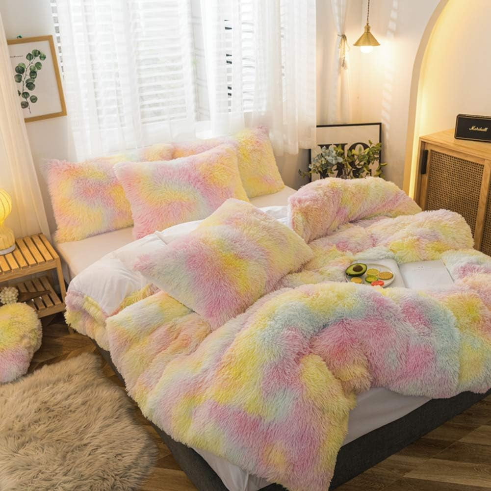 5 PCS Shaggy Duvet Cover Bedding Set - Fluffy Comforter Cover Long Faux Fur Luxury Ultra Soft Cozy (Ice Cream, Full/Queen)