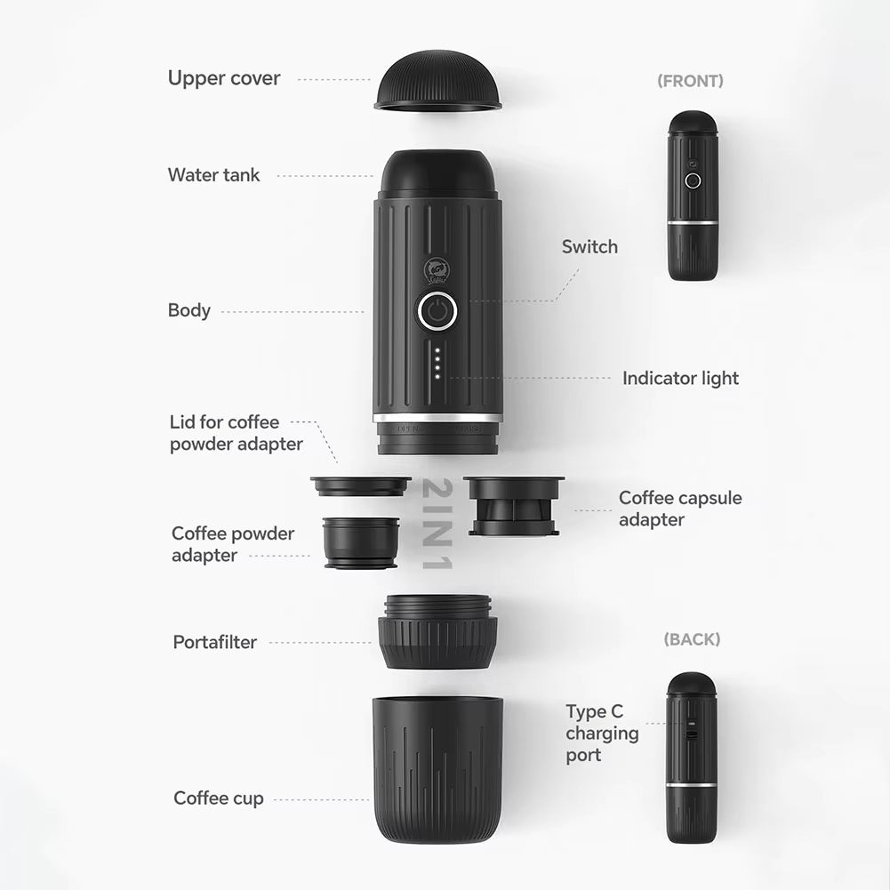 Portable Coffee Maker Electric Espresso Machine Compatible with Capsule & Ground Coffee Capsules Coffee Maker 2 in 1 for Hiking